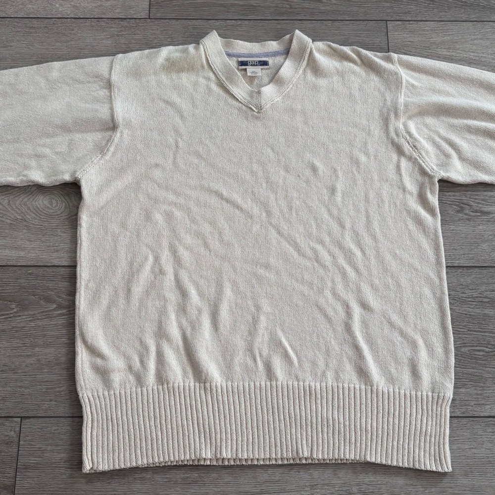Vintage Gap V-Neck Sweater Mens XXL Cream Cotton Blend Knit Pullover Preppy